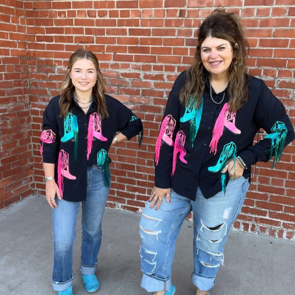 Rock & Roll Cowgirl Black Button Down Shirt with Pink and Green Accents